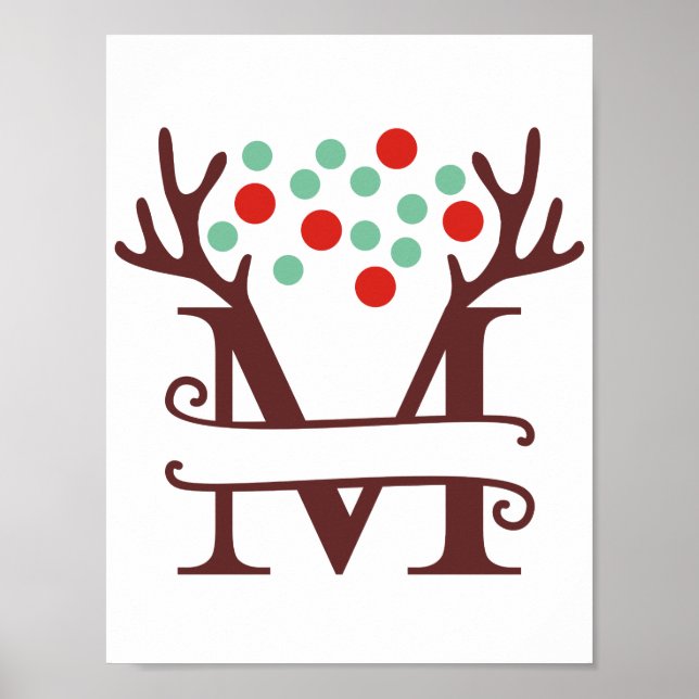 Personalised Reindeer Letter M Split Monogram Poster (Front)