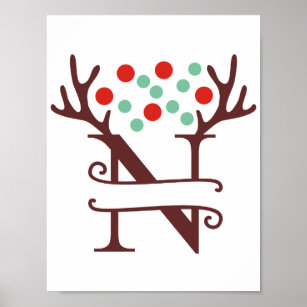 Personalised Reindeer Letter N Split Monogram Poster