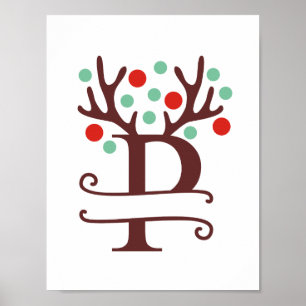 Personalised Reindeer Letter P Split Monogram Poster