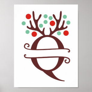 Personalised Reindeer Letter Q Split Monogram Poster