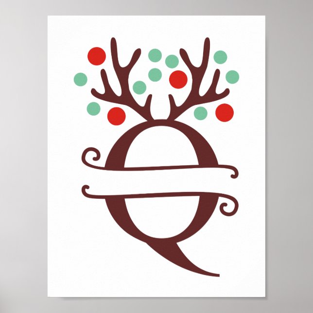 Personalised Reindeer Letter Q Split Monogram Poster (Front)