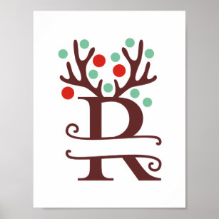 Personalised Reindeer Letter R Split Monogram Poster