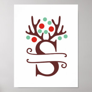 Personalised Reindeer Letter S Split Monogram Poster