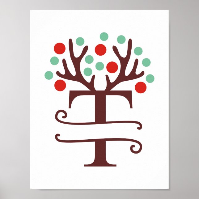 Personalised Reindeer Letter T Split Monogram Poster (Front)