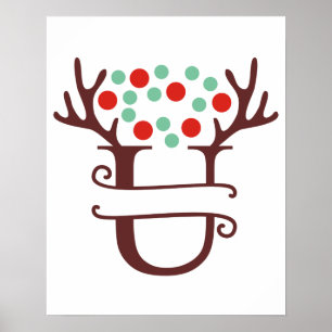 Personalised Reindeer Letter U Split Monogram Poster