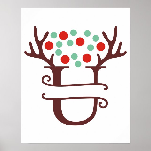 Personalised Reindeer Letter U Split Monogram Poster (Front)