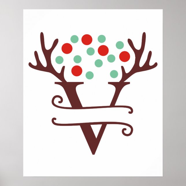 Personalised Reindeer Letter V Split Monogram Poster (Front)