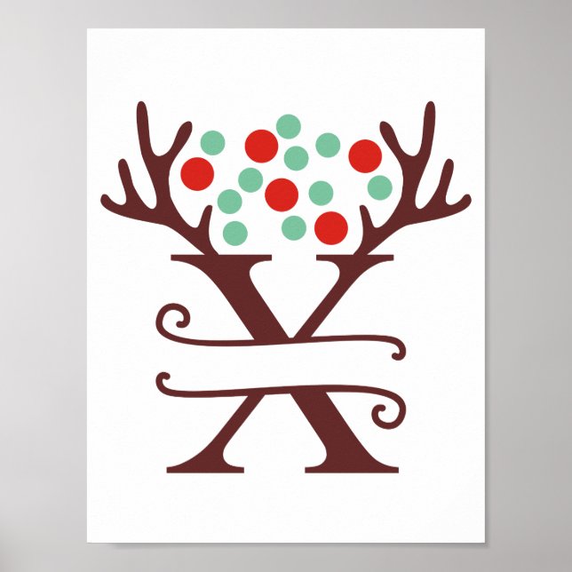 Personalised Reindeer Letter X Split Monogram Poster (Front)