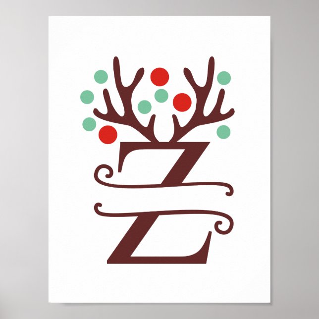 Personalised Reindeer Letter Z Split Monogram Poster (Front)