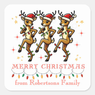 Personalised Reindeer Line Dancing Chrismas Lights Square Sticker