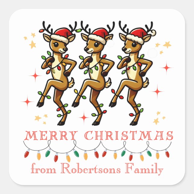 Personalised Reindeer Line Dancing Chrismas Lights Square Sticker (Front)