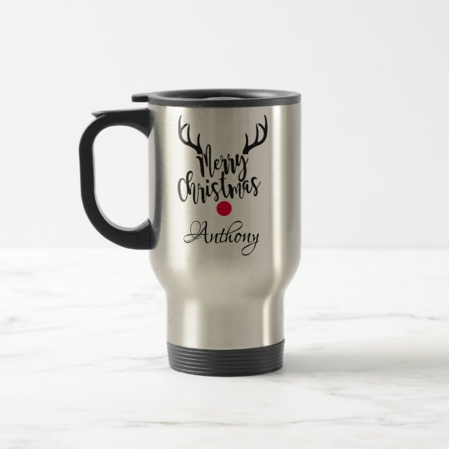 Personalised reindeer- merry christmas  travel mug (Left)