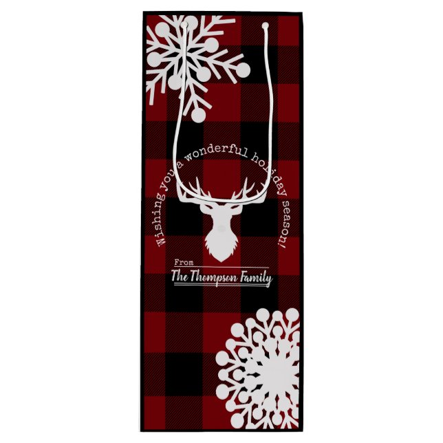Personalised Reindeer Red and Black Buffalo Plaid Wine Gift Bag (Front)