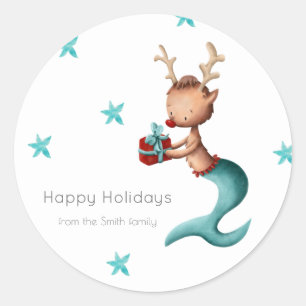 Personalised Reindeer with Present Holiday Classic Round Sticker