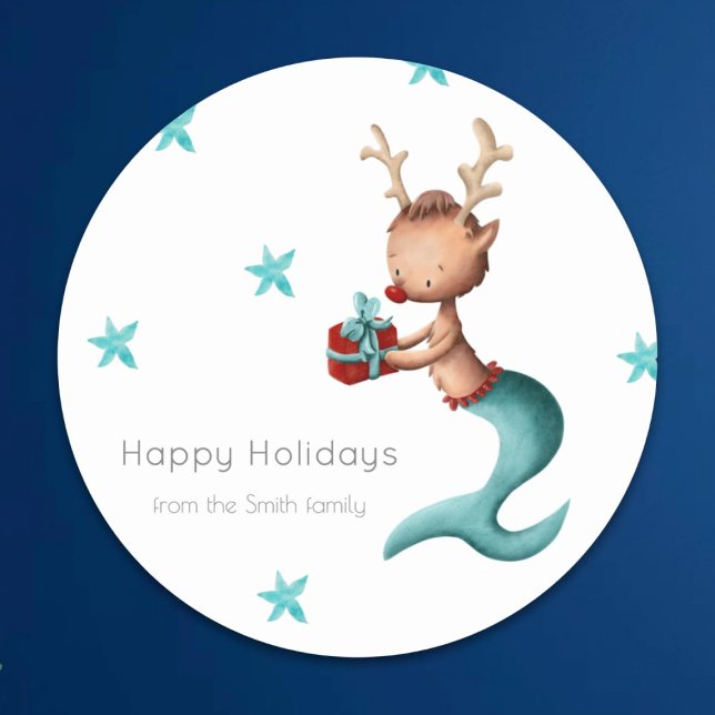 Personalised Reindeer with Present Holiday Classic Round Sticker (Creator Uploaded)