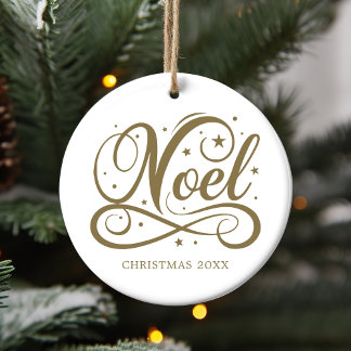 Personalised Religious Gold Script Noel Name Year Ceramic Tree Decoration