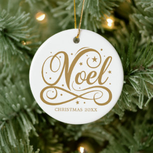 Personalised Religious Gold Script Noel Name Year Ceramic Tree Decoration