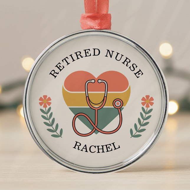 Personalised Retired Nurse Retro Heart Metal Tree Decoration (Creator Uploaded)