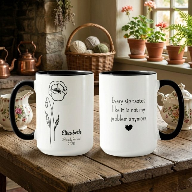 Personalised Retirement Poppy Large Mug (Poppy Line drawing retirement mug. Kitchen background.)