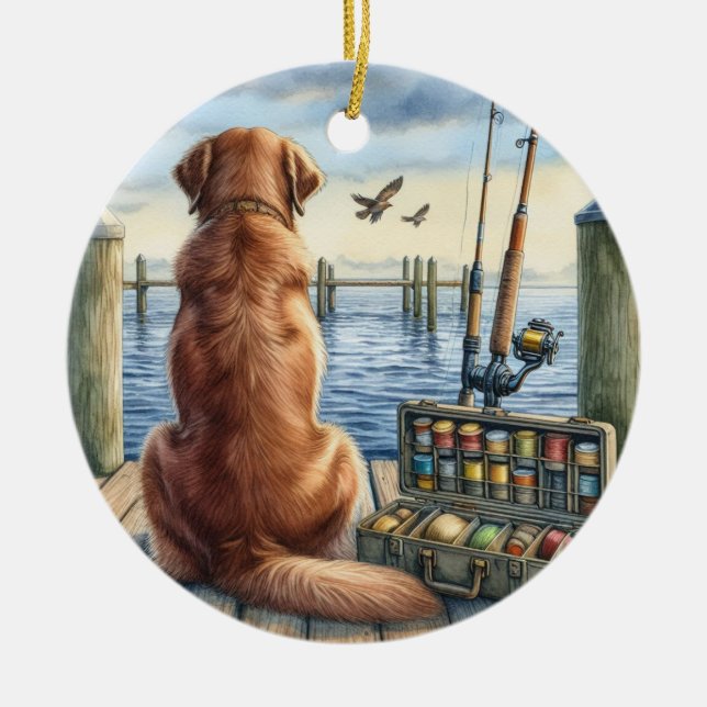Personalised Retriever on a Dock Pet Memorial  Ceramic Tree Decoration (Front)