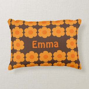 Personalised Retro 70s Flowers Brown and Orange Decorative Cushion