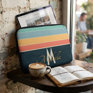 Personalised Retro 70s Monogram Coral Mint Navy Laptop Sleeve