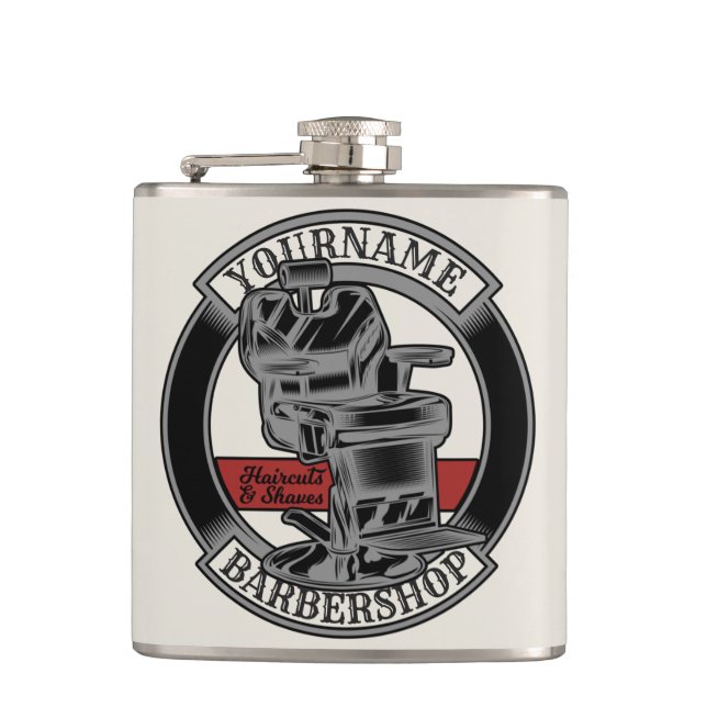 Personalised Retro BarberShop Barber Chair Salon  Hip Flask (Front)