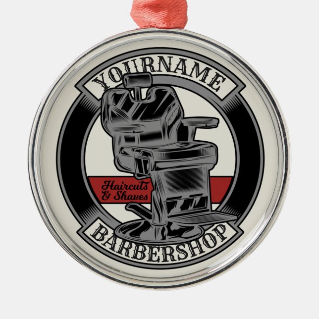 Personalised Retro BarberShop Barber Chair Salon  Metal Tree Decoration (Front)