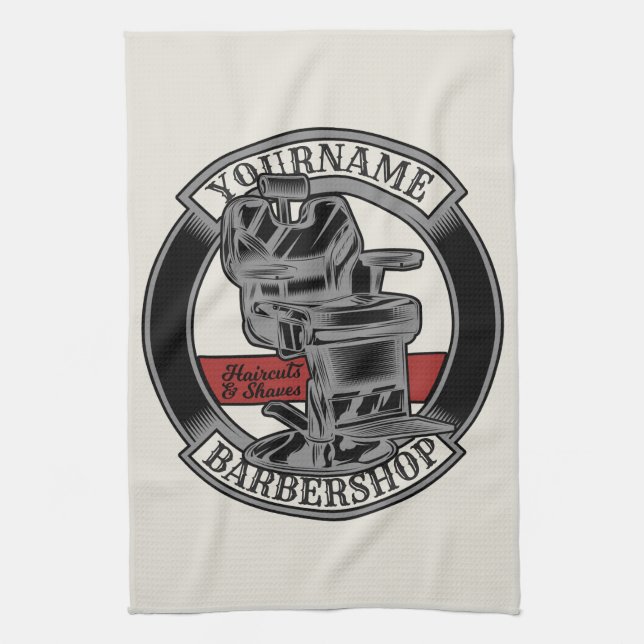 Personalised Retro BarberShop Barber Chair Salon Tea Towel (Vertical)