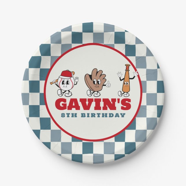 Personalised Retro Baseball Birthday Party Paper Plate (Front)