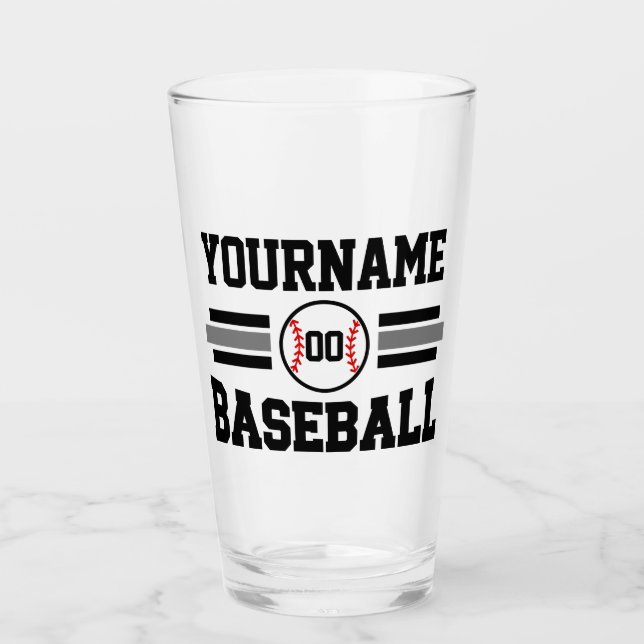 Personalised Retro Baseball Player NAME Team Glass (Front)