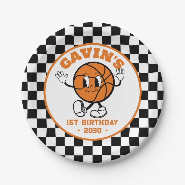 Personalised Retro Basketball Birthday Party Cute Paper Plate (Front)