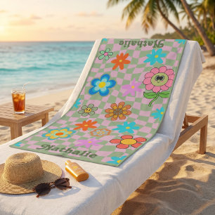 Personalised Retro Beach Towel Floral Name Gift