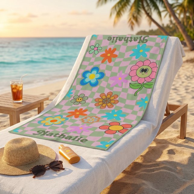 Personalised Retro Beach Towel | Floral Name Gift  (Personalized Retro Beach Towel | Floral Name Gift)