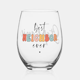 Personalised Retro Best Neighbour Ever Cute Stemless Wine Glass