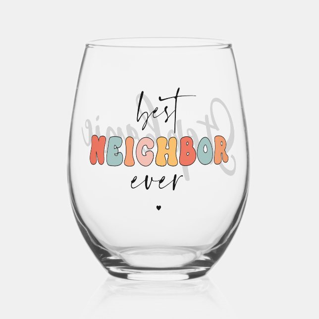 Personalised Retro Best Neighbour Ever Cute Stemless Wine Glass (Front)