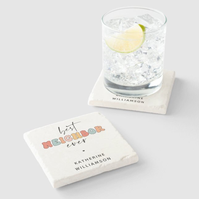 Personalised Retro Best Neighbour Ever Cute Stone Coaster (Side)