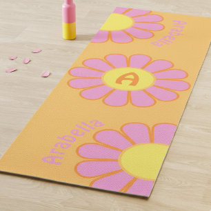 Personalised Retro Big Daisy Initial & Name Orange Yoga Mat