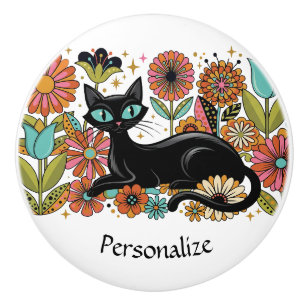Personalised Retro Black Cat Floral Accent Ceramic Knob
