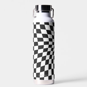 Personalised Retro Black White Wavy Chequered Water Bottle
