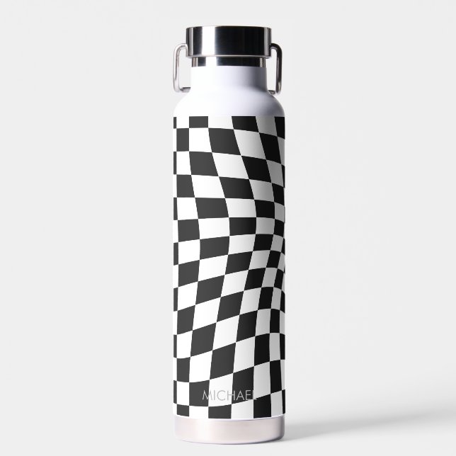 Personalised Retro Black White Wavy Chequered Water Bottle (Front)