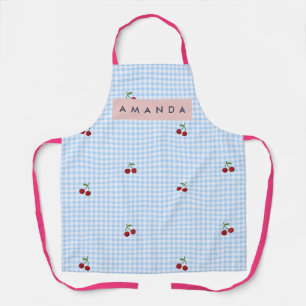 Personalised Retro Blue Gingham Cherry Print  Apron
