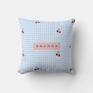 Personalised Retro Blue Gingham Cherry Print Cushion