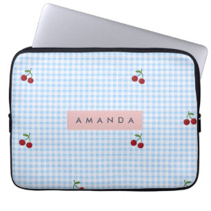 Personalised Retro Blue Gingham Cherry Print Laptop Sleeve