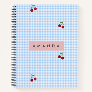Personalised Retro Blue Gingham Cherry Print Notebook