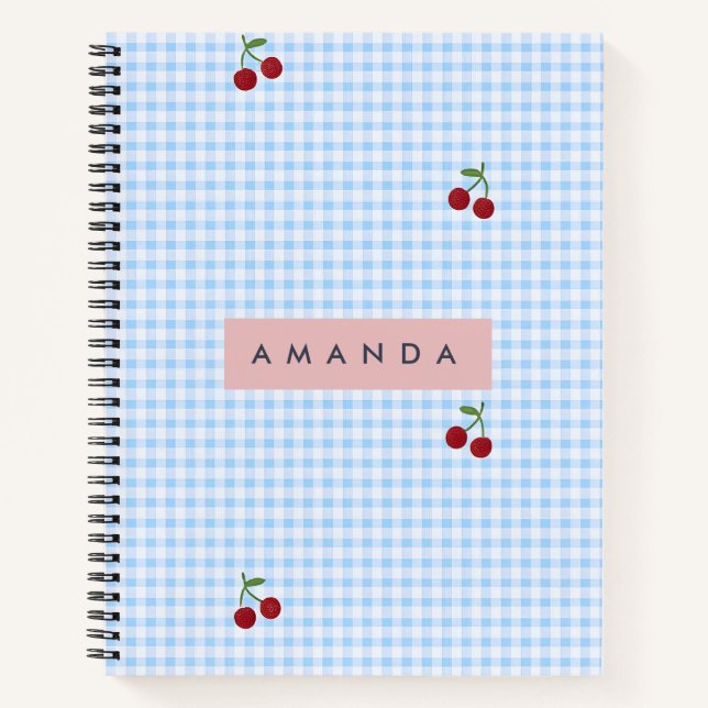 Personalised Retro Blue Gingham Cherry Print  Notebook (Front)