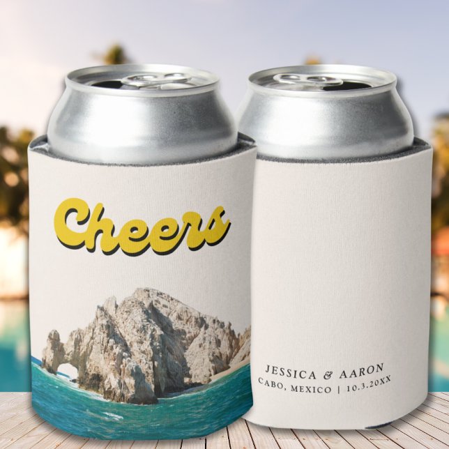Personalised Retro Cabo Wedding Cheers Can Cooler (Personalized Retro Cabo Wedding Cheers Can Cooler)