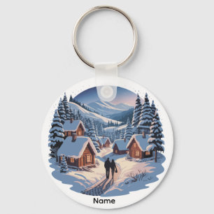 Personalised Retro Christmas Winter Village  90s  Key Ring