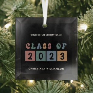 Personalised Retro Class of 2023 Graduation Cute Glass Tree Decoration