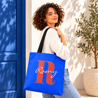 Personalised Retro Cobalt Blue Monogram Signature Tote Bag